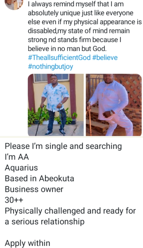 Nigerian Man with Physical Challenges Hits Back at People Mocking Him For Seeking Love