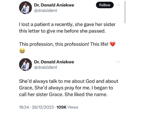 Nigerian Doctor Receives Heartfelt Letter from Patient Before Her Passing