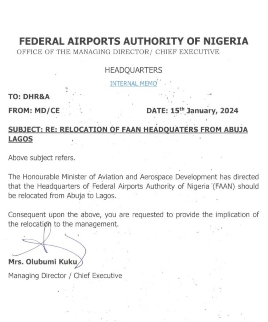 Federal Governement Relocates FAAN Headquarters From Abuja To Lagos