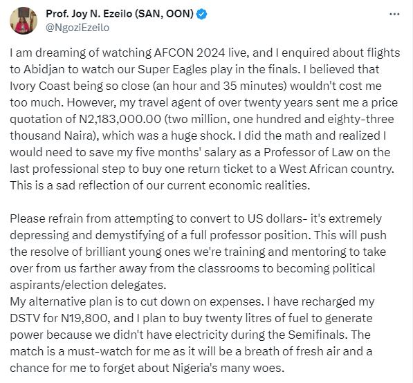 Nigerian Law Professor Shocked by High Flight Cost to Watch Super Eagles at AFCON Finale