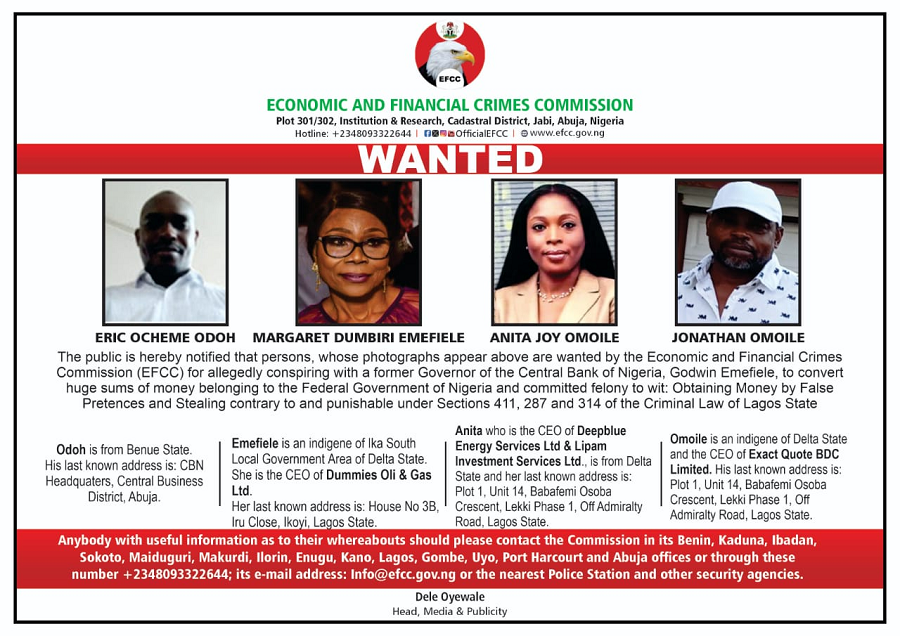 Emefiele's wife, Odoh, Mr & Mrs Omoile Declared Wanted by EFCC