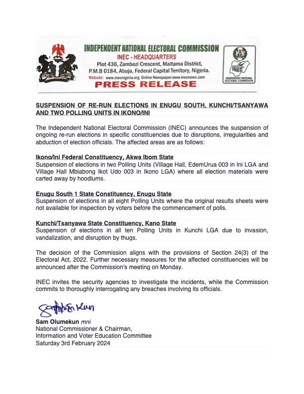 INEC Halts Voting in Parts of Enugu, Kano, and Akwa Ibom