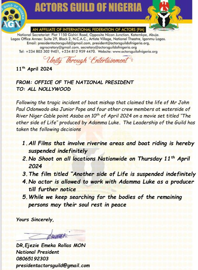 AGN Suspends Riverine Area Movies and Adamma Luke Productions After Jnr Pope Tragedy 