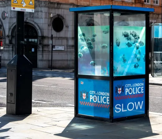 Banksy Transforms London with Seventh Animal Artwork: Piranhas in Police Box Captivate Crowds